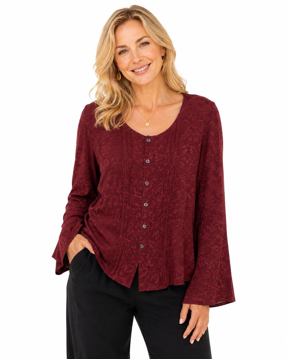 CP Shades Burgundy Button Top Womens Small Pleated V-Neck Tonal Floral Print